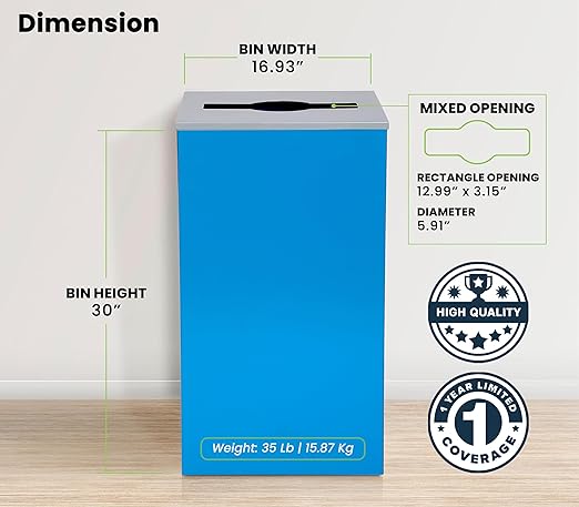 Alpine Commercial Indoor Recycle Bin with Lid - 29 Gallon Blue Recycle Bin Recycle Trash Can Office Recycling Bins, Metal Recycling Container with Stickers & 3 Optional Lids Sold Separately-DeskLoop Office