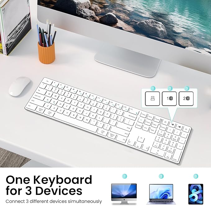 2.4G Wireless and Bluetooth Keyboard with Numeric Keypad, Multi-Device, Rechargeable, Compatible with Mac, Windows (White)-DeskLoop Office