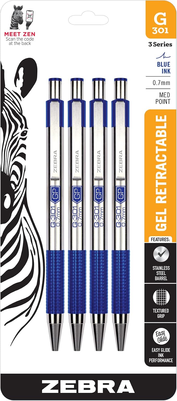 Zebra Pen G-301 Retractable Gel Pen, 0.7mm Medium Point, Stainless Steel Barrel by ZebraPen