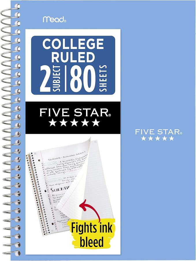 Five Star Spiral Notebook, 2 Subject, College Ruled Paper, 80 Sheets by FiveStar