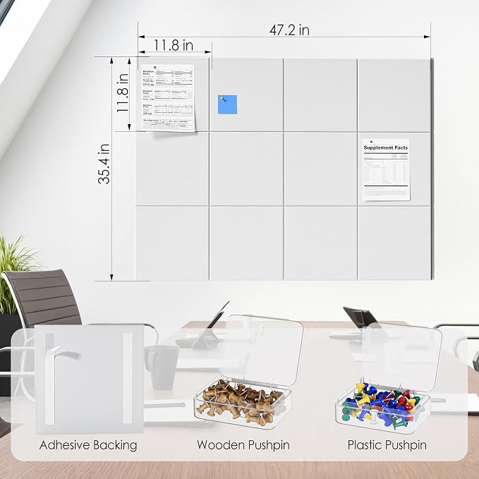 MaxGear Felt Bulletin Board 48" x 36", 12 Pack 11.8" x 11.8" Wall Panels - Image 5
