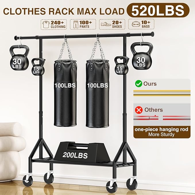 Heavy Duty Clothes Rack Load 520LBS, Adjustable Rolling Clothing Rack with Sturdy Wheel, Metal Industrial Closet Garment Racks for Hanging Clothes Coat, Portable for Bedroom, Laundry Living Room-DeskLoop Office