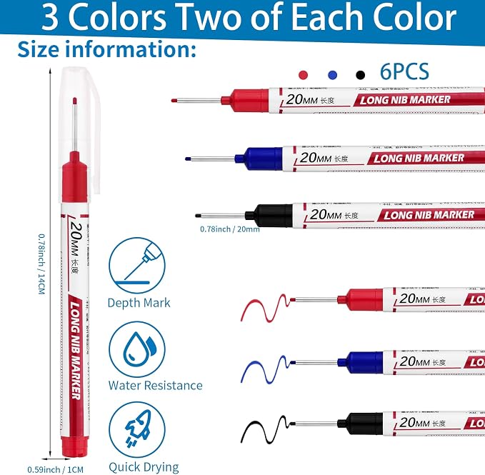 6 PCS Long Head Deep Hole Marker Pens, 20mm Long Nib Marker, Longs Nose Markers - Image 2