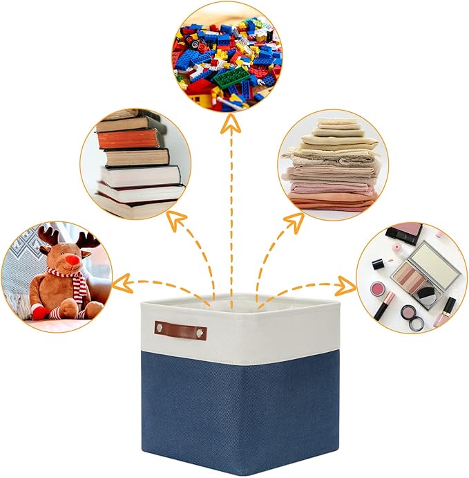 DULLEMELO Foldable Storage Cubes 12 x 12 Organizer Bins,Canvas Storage Bins Empty Gift Baskets for Organizing with SturdyLeather Handles, Closet Baskets for Nursery Storage(4 Pack - 12" White&Blue)-DeskLoop Office