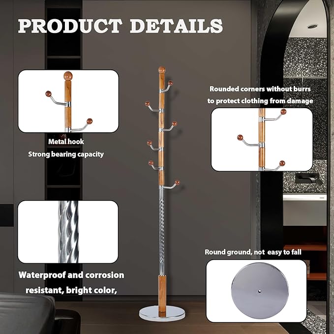 Coat Racks FreeStanding with 14 Hooks, Natural Wood Coat Rack with Solid Round Base, Adjustable Height Coat Racks, Easy Assembly for Hallway, Bedroom and Office (Solid Wood Metal Hook)-DeskLoop Office