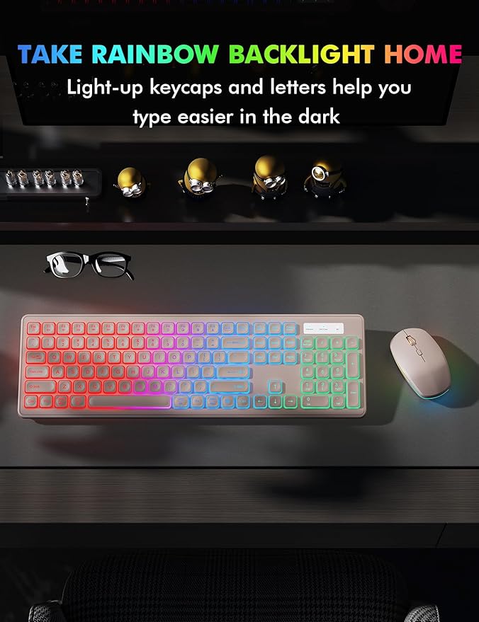 Wireless Keyboard and Mouse Combo - RGB Backlit, Rechargeable & Light Up Letters, Full-Size, Ergonomic Tilt Angle, Sleep Mode, 2.4GHz Quiet Keyboard Mouse for Mac, Windows, Laptop, PC, Trueque, Pink-DeskLoop Office