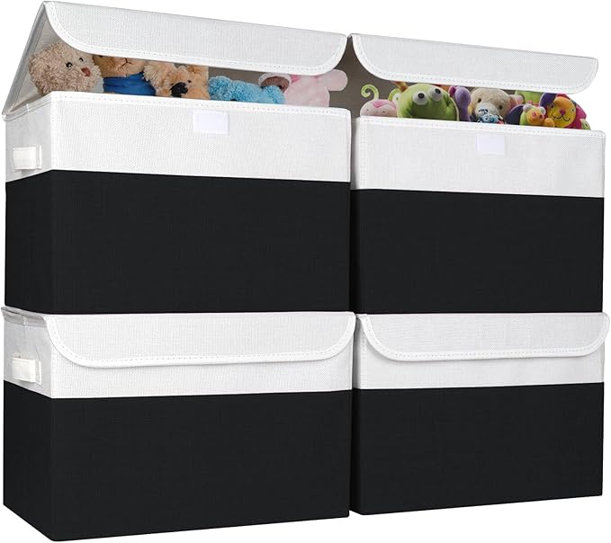 Large 22 Quart Linen Fabric Foldable Storage Bin Cube Organizer Basket with Flip-Top Lid & Handles, Clothes Blanket Box for Home, Office, Closet, Black & White, 4 Pack 14.6 x 9.5 x 9.5-DeskLoop Office