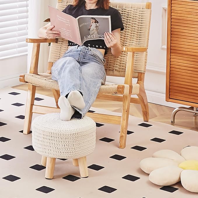 Wimarsbon Pouf Ottoman, 100% Cotton Knitted Boho Footstool, Round Footrest - Image 7