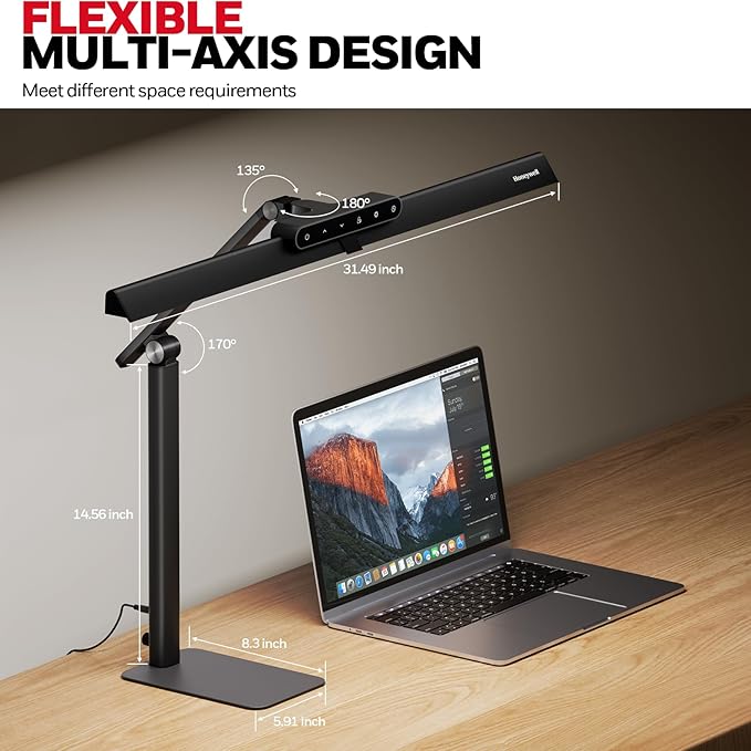 Honeywell LED Desk Lamp with Base - HJ1BK Sunturalux Eye-Caring Architect Desk Lamp for Home Office, 1200LM Computer Desk Light 4 Color Modes Stepless Dimming Task Desk Light with Timer Function Black-DeskLoop Office