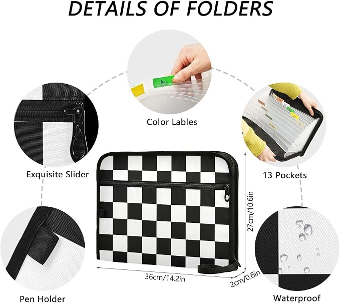 Expanding File Folder White Black Buffalo Plaid Checked Accordion File - Image 4