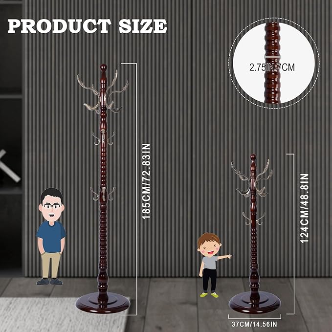 Coat Racks FreeStanding with 14 Hooks, Natural Wood Coat Rack with Solid Round Base, Adjustable Height Coat Racks, Easy Assembly for Hallway, Bedroom and Office (Reddish Brown-Metal Hook)-DeskLoop Office