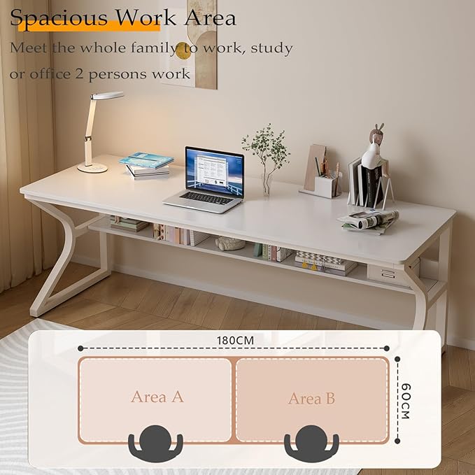 Extra Long Desk with Bookshelf - 71" Double Long Writing Table for 2-Person Workstation, Modern Study Work Computer Desk for Home and Office, Warm White-DeskLoop Office