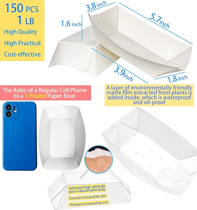 150 Pack 1Lb Paper Food Boat Trays Disposable Paper Boat Plates Containers - Image 2