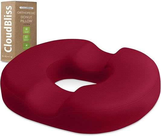CloudBliss Donut Pillow Seat Cushion Chair Pad for Tailbone Pain Relief and Hemorrhoids, Memory Foam Seat Chair Cushion for Men and Women for Home & Office, (Red-XL)-DeskLoop Office