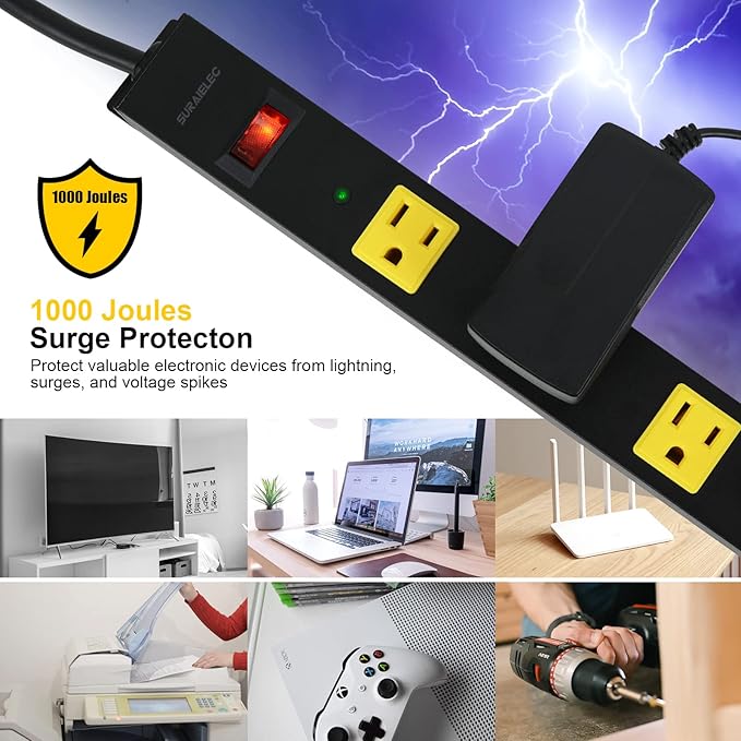 SURAIELEC 12 Outlet Long Metal Power Strip, 15FT Cord Surge Protector, Angled Flat Plug, Wide Spaced Outlet Bar, 15A Breaker, Wall Mountable, Industrial Heavy Duty for Work Bench, Shop, Garage, 2 Pack-DeskLoop Office