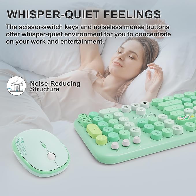 FOPETT Wireless Keyboard and Mouse Combo - 2.4G Full-Sized Cute Colorful Retro Keyboard with Round Keycaps 104 Keys Typewriter Keyboard for Laptop/Windows/PC-Green Colorful-DeskLoop Office