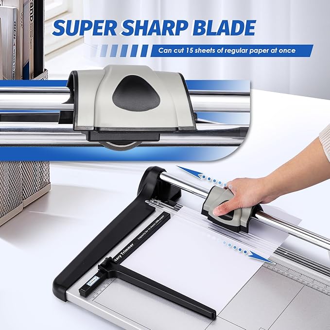Rotary Paper Trimmer, 15 Sheets Heavy Duty Paper Trimmer, 480mm(18.90") Cutting Length, Commercial Grade Rotary Paper Cutter for Home/Office/School, Black & Silver-DeskLoop Office
