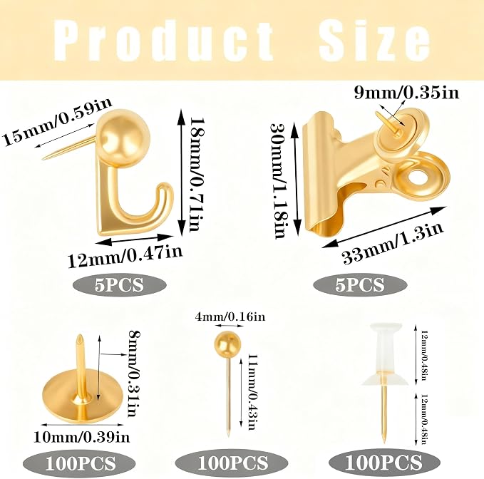 310 Pcs Gold Push Pins Set, 5-Style Decorative Thumb Tacks - Image 2
