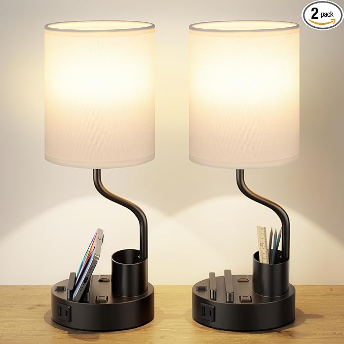 White Bedside Table Lamps for Bedroom Set of 2 by Fenmzeelighting