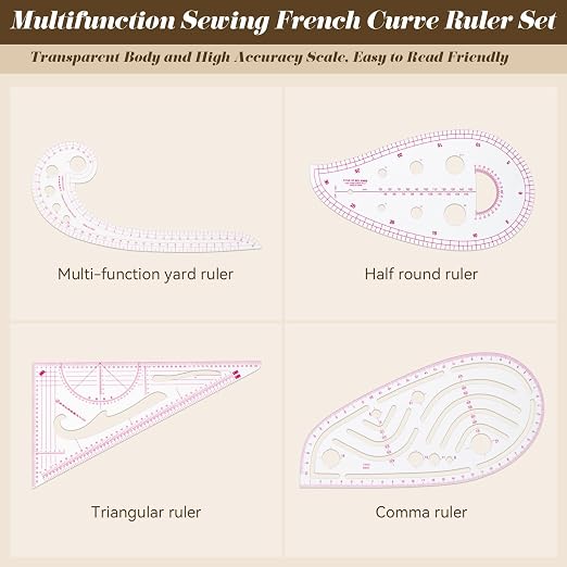 CINDALOG Clear Metric Sewing Ruler Set French Curve Pattern Ruler Kit - Image 2