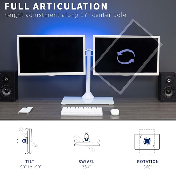 VIVO Freestanding Dual Monitor Stand with Sleek Glass Base and Adjustable Arms, Mounts 2 Screens up to 32 inch and 22 lbs Each, White, STAND-V002FGW-DeskLoop Office