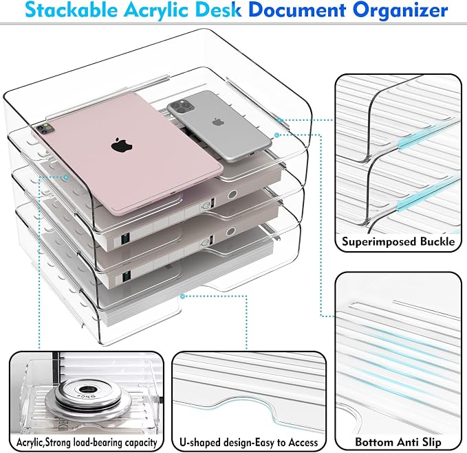 Paper Organizer Letter Tray, 4 Pack Acrylic Stackable Desk File Organizer - Image 6