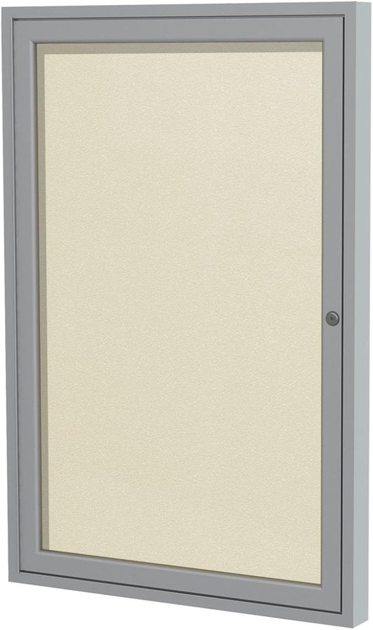Ghent 36"x24" 1-Door Outdoor Enclosed Vinyl Bulletin Board, Shatter Resistant, with Lock, Satin Aluminum Frame - Ivory (PA13624VX-185), Made in The USA-DeskLoop Office