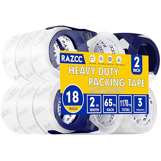 Clear Packing Tape, 18 Rolls Heavy Duty Packaging Tape with Dispensers for Packing Shipping Moving and Sealing, Thicker Packing Tape-2" x 65 Yards Per Roll, 1170 Total Yards-DeskLoop Office