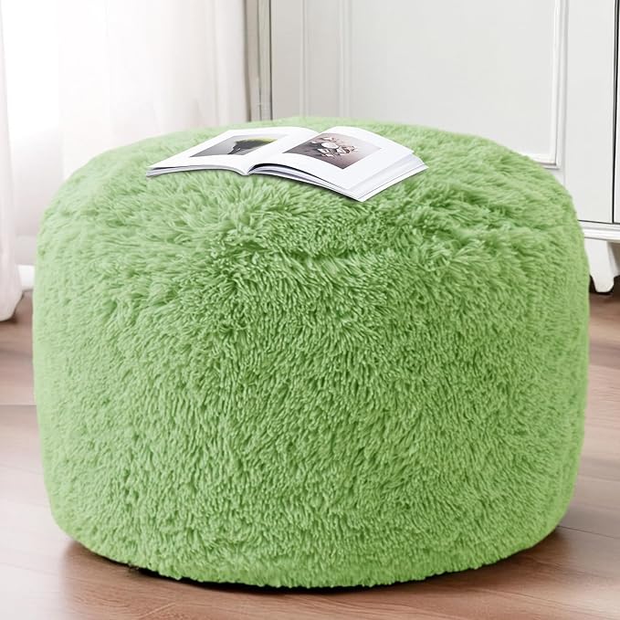 HIGOGOGO Round Stuffed Pouf Ottoman, Long Faux Fur Poufs with Foam Chunk Filling, Fluffy and Furry Pouf Foot Stool Storage Ottoman, 26 X 18 Floor Poufs Foot Rest for Living Room, Green-DeskLoop Office