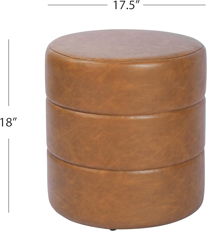 HomePop Upholstered Faux Leather Round Ottoman Home Décor|Foot Rest Ottoman- Carmel Brown-DeskLoop Office
