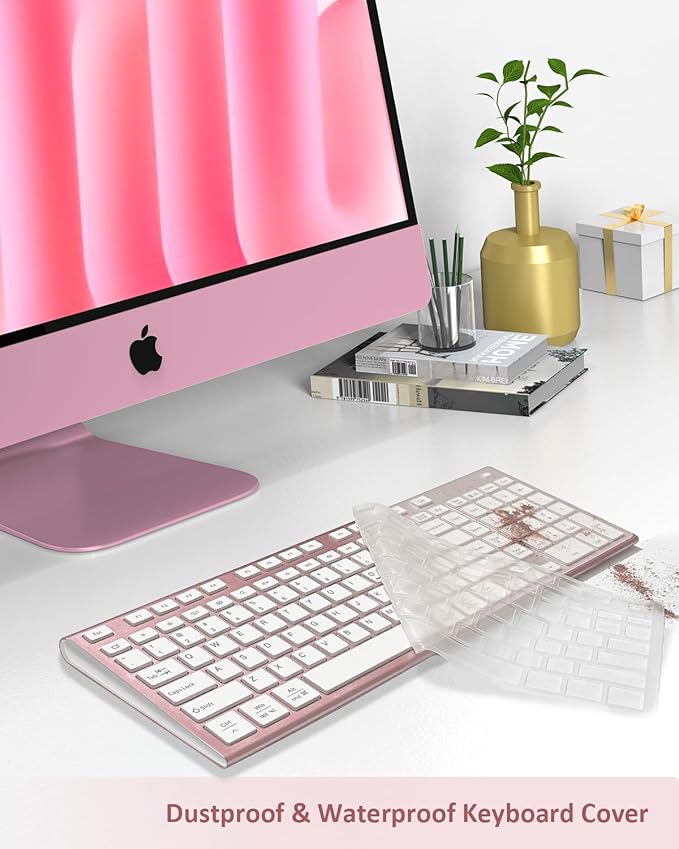 FENIFOX Wireless Keyboard, Bluetooth + USB Ergonomic Silent Quiet Rechargeable with Number Pad Cute Compact Full Size Multi Device Keyboards for iPad Tablet Mac Computer Surface PC MacBook Laptop Pink-DeskLoop Office
