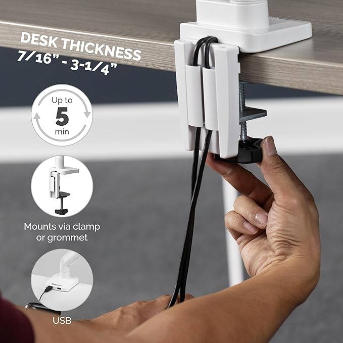 Fellowes Platinum Series Single Monitor Arm for 40-Inch Monitors, Full Motion, 360° Rotation, VESA Mount with Grommet or Clamp, USB Ports, Ergonomic, White, 8056201-DeskLoop Office
