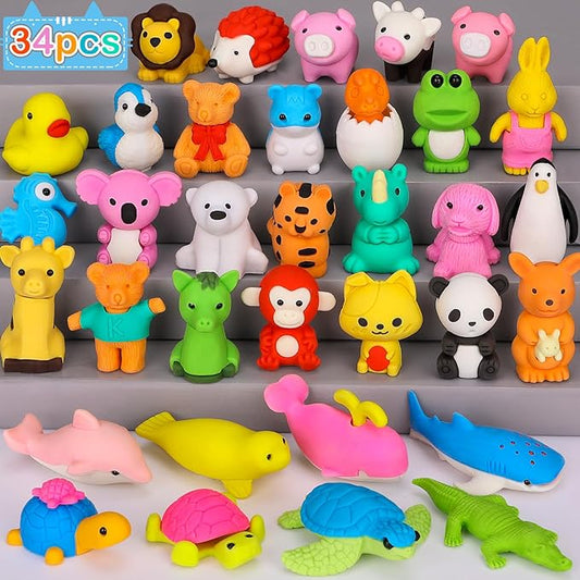 34 Pack Animal Pencil Erasers for Kids, 3D Mini Puzzle Take Apart Erasers, Desk Pets & Treasure Box Toys, Bulk Party Favors, Classroom Prizes, School Supplies, Gift for Boys & Girls-DeskLoop Office