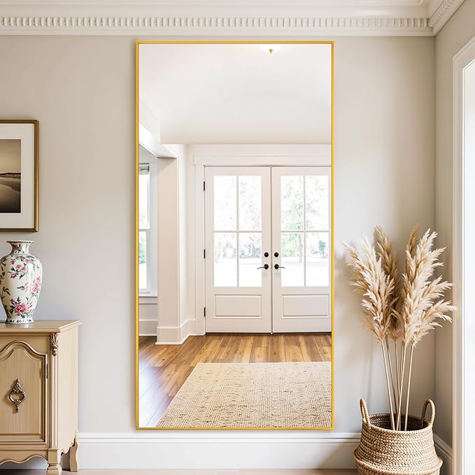 Full Length Mirror, 76"x34" Oversized Floor Mirror Freestanding, Full Body Mirror Floor Standing Mirrors with Stand, Hanging Mounted Mirrors for Bedroom Living Room, Gold, Rect Style-DeskLoop Office