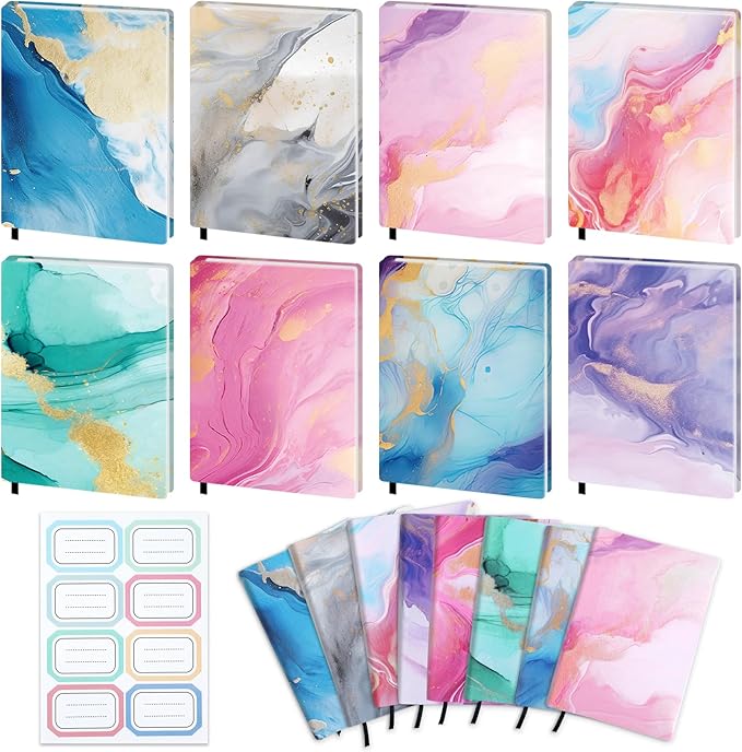 Jumbo Stretchable Book Covers 8PCS Reusable Fabric Book Cover with Label 9x11in Marble Print Protective Sleeve for Hardcover Books Textbook Cover for School Fits Most Book Sizes Up to 10x12.5in-DeskLoop Office