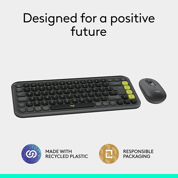 Logitech POP ICON Combo, Bluetooth Keyboard and Mouse Combo, Comfortable Typing, programmable Keys and Buttons, Quiet clicks, Easy-Switch up to 3 Devices - Graphite and Lime-DeskLoop Office