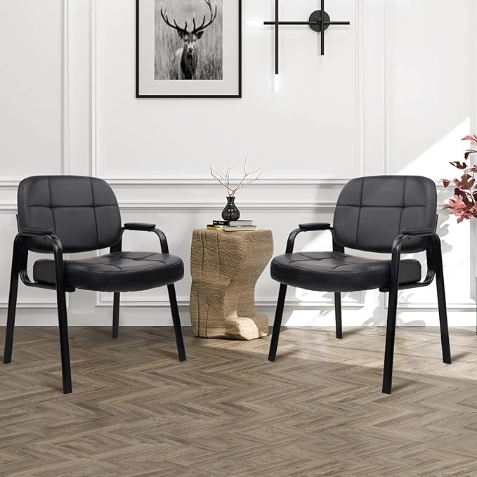 CLATINA Big & Tall 500 lbs Waiting Room Guest Chair, Leather Office Reception Chair No Wheels with Padded Arms for Elderly Home Desk Conference Room Lobby Side Salon Clinic, Black(2 Pack)-DeskLoop Office