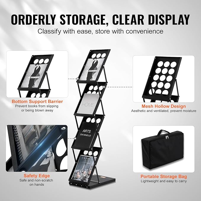 VEVOR Foldable Magazine Display Rack, 4-Tier Brochure Literature Display Stand, Portable Catalog Brochure Holder Stand with Carrying Bag for Office Trade Show Exhibitions, 4 Pockets-DeskLoop Office