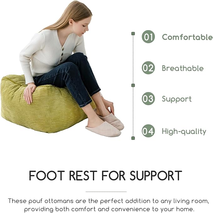 HIGOGOGO Square Stuffed Pouf Ottoman, Corduroy Poufs with Foam Chunk Filling, Furry and Fluffy Pouf Foot Stool Storage Ottoman, 25.6 X 25.6 Floor Poufs Foot Rest for Living Room, Green-DeskLoop Office