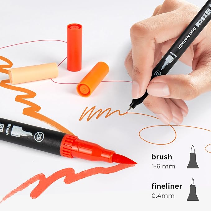 ZSCM Orange Duo Tip Marker Pens, 12 Pack Fine & Brush Markers - Image 2