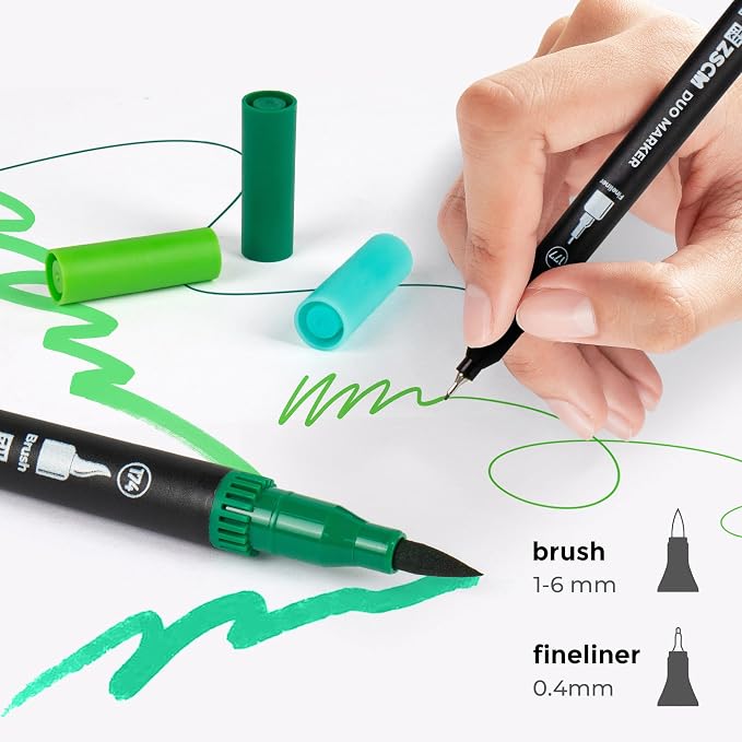 ZSCM Green Duo Tip Marker Pens, 12 Pack Fine & Brush Markers - Image 2