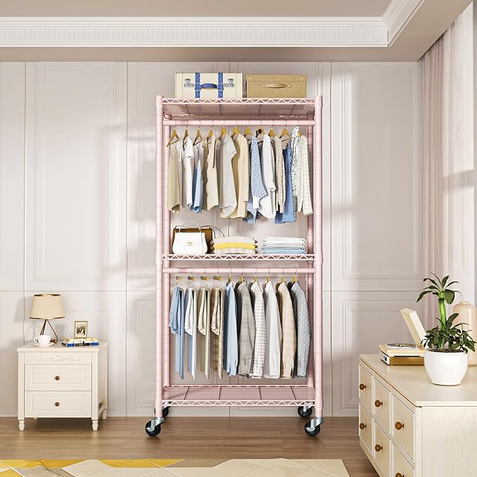 P1 Medium Heavy-Duty Portable Closet, 30" W x 14" D x 76" H, Metal Rolling Clothing Rack, Pink-DeskLoop Office