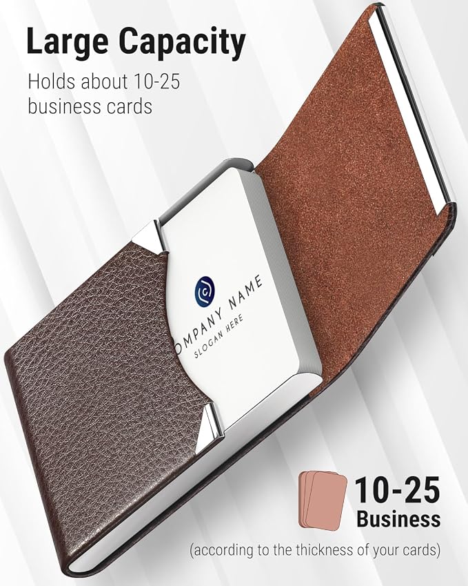 MaxGear Business Card Holder, PU Leather Business Card Case, Coffee | Stainless - Image 2