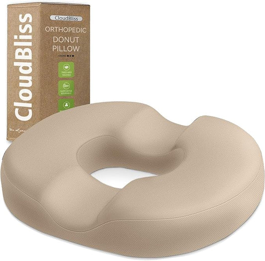 CloudBliss Donut Pillow Seat Cushion Chair Pad for Tailbone Pain Relief and Hemorrhoids, Memory Foam Seat Chair Cushion for Men and Women for Home & Office, (Khaki)-DeskLoop Office