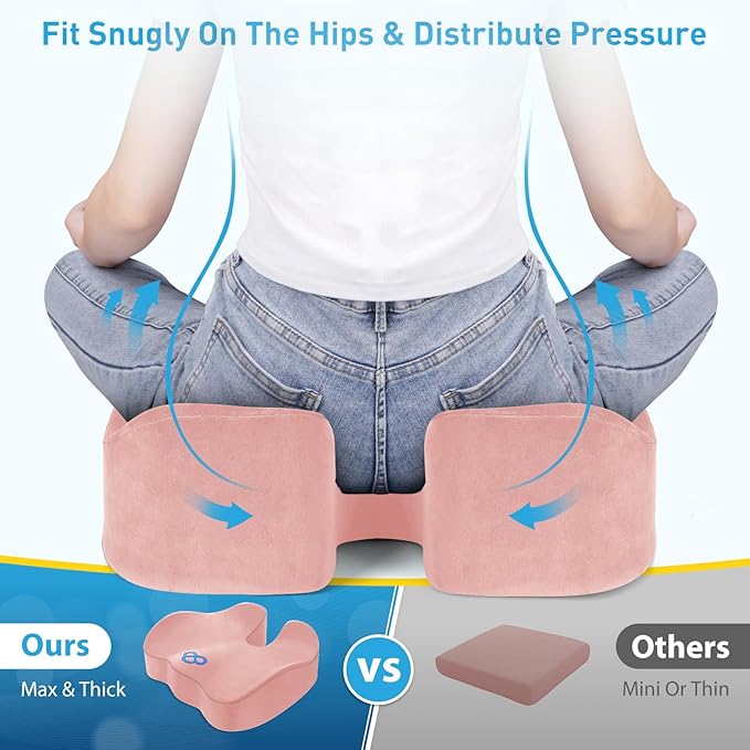 BlissTrends Seat Cushion,5.2in Thick Memory Foam Cushions for Office Chair, Car Seat, Airplane, Relieving Pressure Tailbone Sciatica Back Pain for Long Sitting Office Workers, Car Drivers Pink-DeskLoop Office