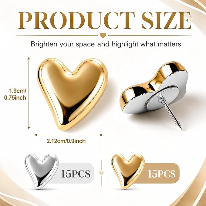 Epakh 30 Pcs Metallic Heart Thumb Tacks Decorative Push Pins Push Pins Metallic - Image 2