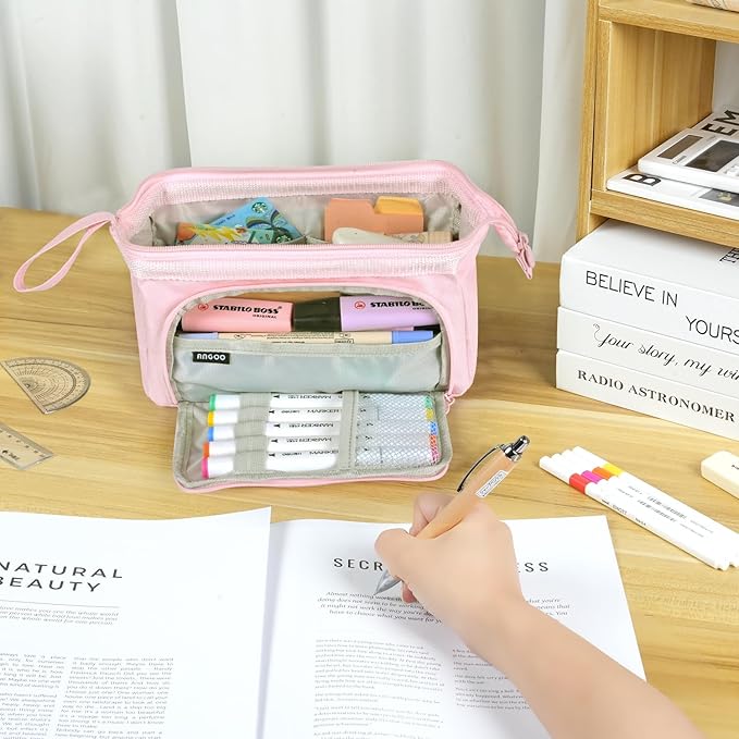 MAMUNU Pencil Case Pouch Large Capacity with Compartments, Pencil Case Pouch Bag with Zipper Handle for Teen Girls Adults Women, Portable Pen Bag Stationery Organizer for Office School Travel, Pink-DeskLoop Office