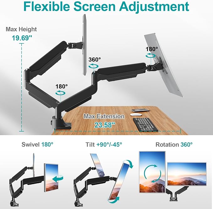 MOUNT PRO Dual Monitor Stand for Max 43 Inch Ultrawide Computer Screen, Premium Aluminum Heavy Duty Monitor Arm Holds 6.6lbs to 33lbs, Gas Spring Full Motion Display Desk Stand, VESA Mount-DeskLoop Office