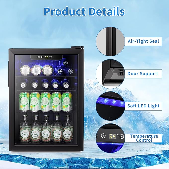 Antarctic Star Mini Fridge-95 Can Beverage Refrigerator Wine Cooler Clear Front Glass Door Small Drink Touch Screen for Soda Beer Bar Office Home 2.6 cu.ft-DeskLoop Office