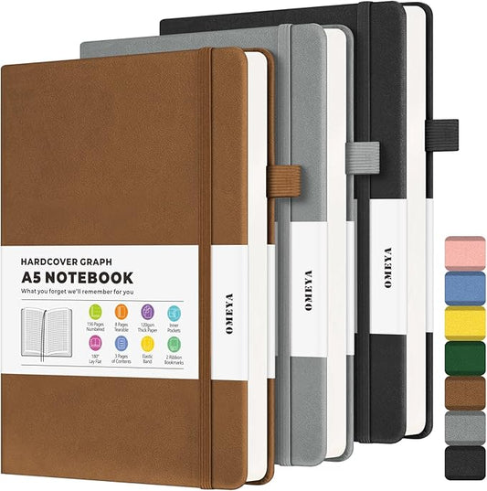 Graph Paper Notebook 3 Pack, A5 Grid Notebook Journal, Graph Notebook with 120gsm Paper, Hardcover Leather Journal for Writing, Grid Paper Notebook for Work, School Supplies, Engineering,5.75" x 8.38"-DeskLoop Office